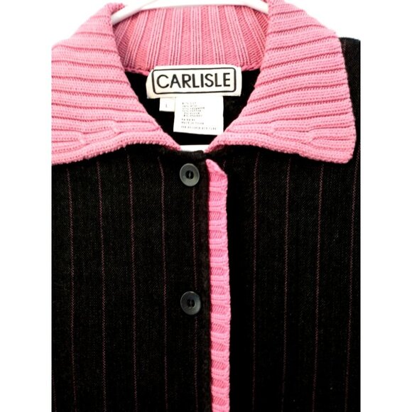 Carlisle Women's Cardigan Silk Cashmere Blend Gray Pink Pinstripe Sweater- Large - Picture 2 of 9